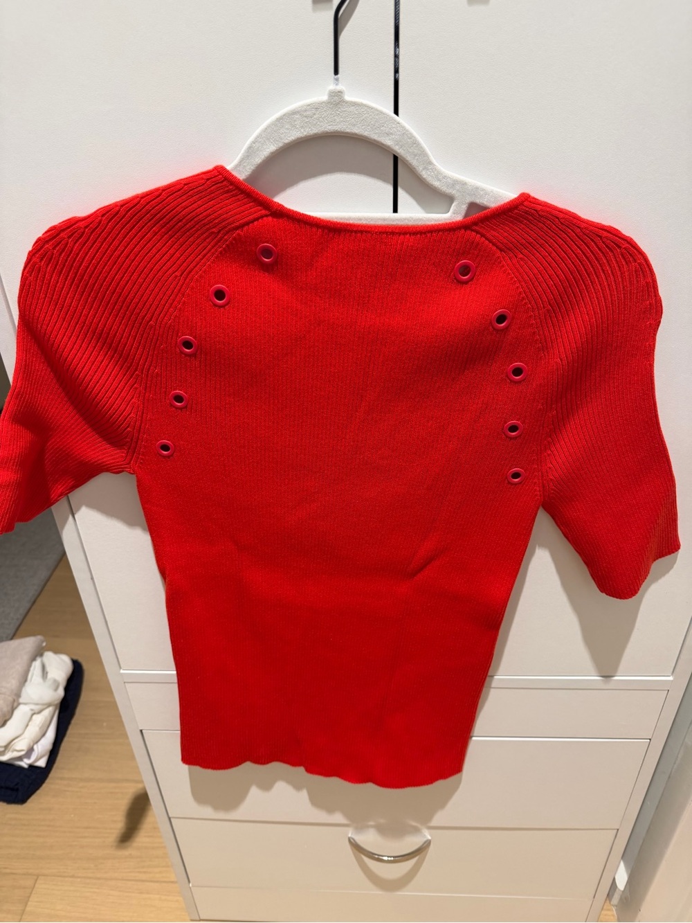 Akris Punto Red Short Sleeve Ribbed Top with Eyelet Accents - Picture 4 of 5